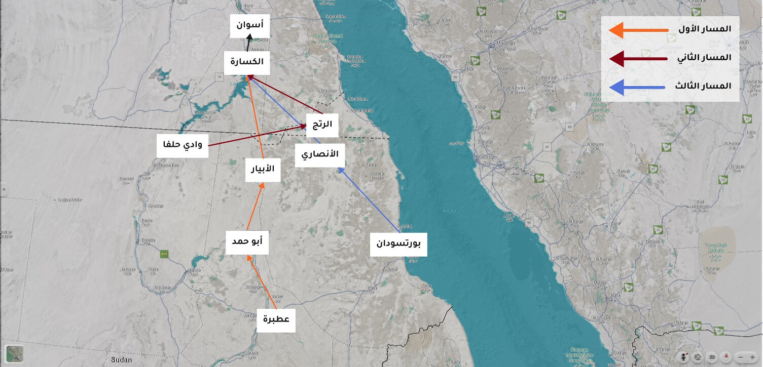 خريطة توضح مسارات التهريب عبر الحدود المصرية